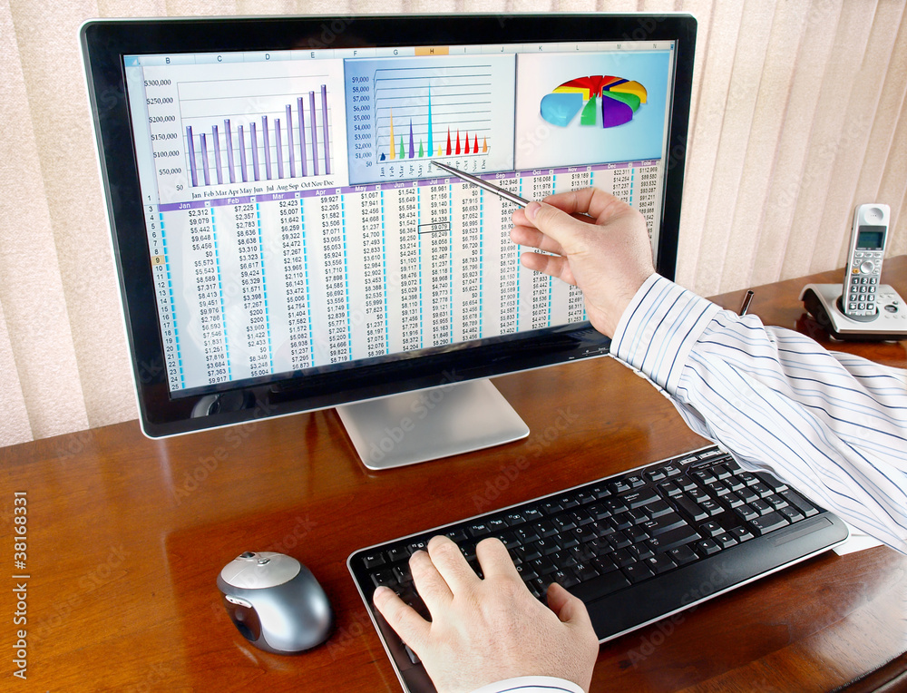 Leinwandbilder analyzing financial data and charts on computer screen.