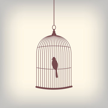 Vintage Bird Cage With Single Bird Inside.