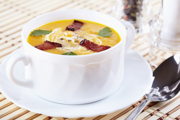 Pumpkin soup with smoked bacon
