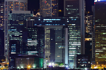 Details of business buildings at night in Hong Kong