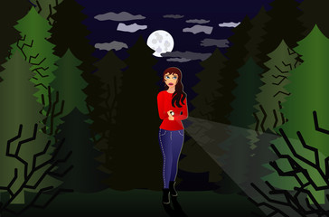 Frau alleine im Wald mit Taschenlampe