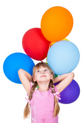 Fototapeta na wymiar dreaming little girl holding balloons bunch isolated on white