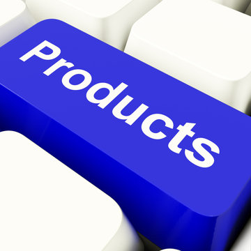 Products Computer Key In Blue Showing Internet Shopping Goods