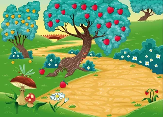 Deurstickers Bosdieren Hout met fruitbomen. Cartoon en vectorillustratie
