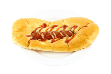Sausage salad cream and ketchup bread on white background.