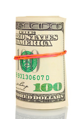 A lot of one hundred dollar bills tied rubber band isolated