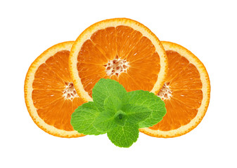 juicy orange slices and mint leaves isolated on white