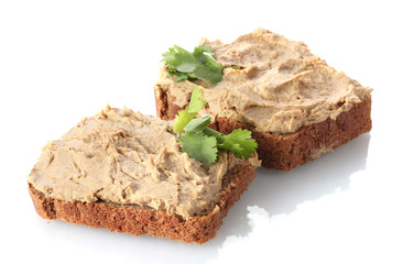 Fresh pate on bread isolated on white