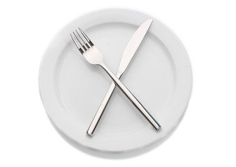 White empty plate with fork and knife isolated on white
