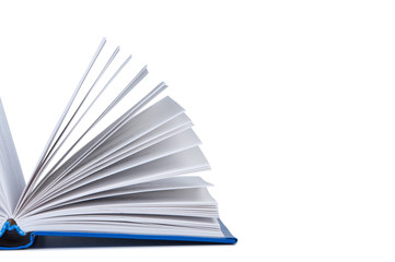 Open book on white background with space for text.