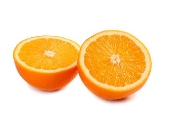 Orange, cut into two pieces on white background.