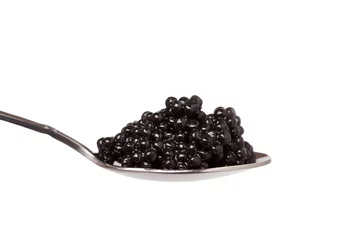 black caviar in spoon on white background © Pumba