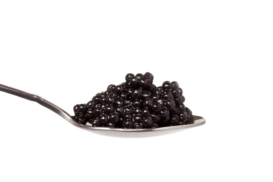 black caviar in spoon on white background