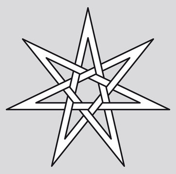 Heptagram, also called septagram or septegram. Seven-pointed geometric star figure that can be drawn with seven straight strokes. Illustration on white background. Vector.