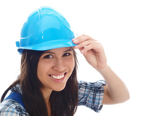 smiling girl wearing blue overall and helmet