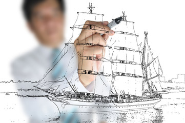 Hand of Business man draw sailing ship
