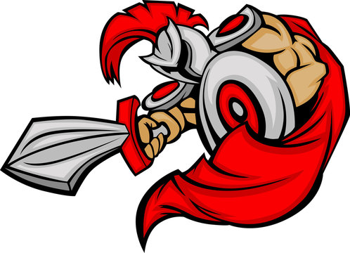 Trojan Mascot Body with Sword and Shield Cartoon Vector Illustra