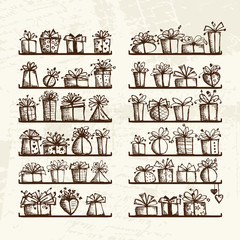 Fototapeta premium Gift boxes on shelves, sketch drawing for your design