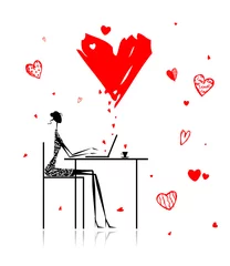 Tuinposter Valentijnsdag. Meisje met laptop in café © Kudryashka
