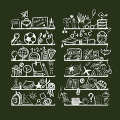 Objects for school on shelves, sketch drawing for your design