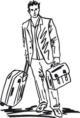 Sketch of a successful young business man with travel bag. Vecto