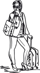 Sketch of a beautiful young woman with travel bag. Vector illust