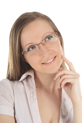 Portrait of young beautiful woman in spectacles over white