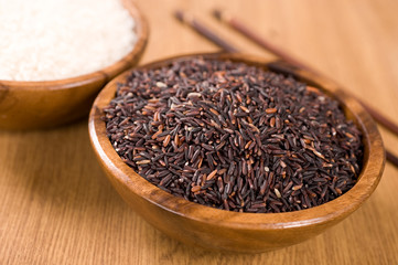 Raw rice in a bowl on a wooden background