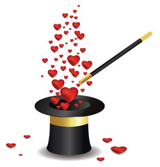 Hearts taking off from magic hat.