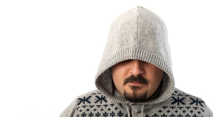 Man portrait with hooded sweatshirt on white background.