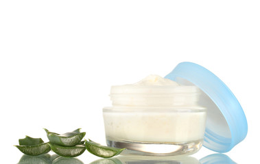 Opened glass jar of cream and aloe isolated on white