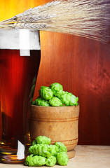 beer with hop and wheat still-life