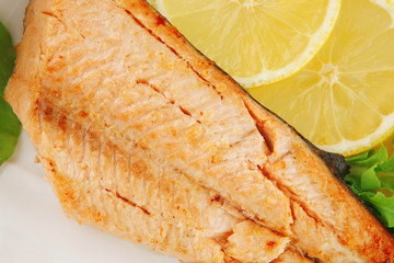 grilled salmon steak on white