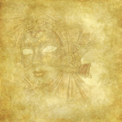 Rich golden Venetian Mask on floral grunge wallpaper