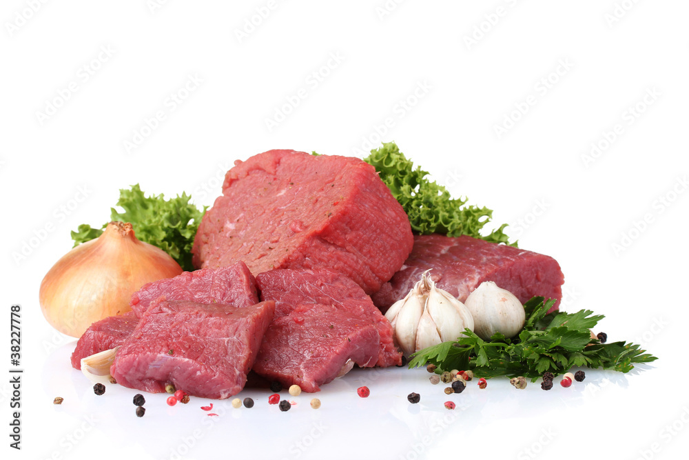 Wall mural raw meat, vegetables and spices isolated on white