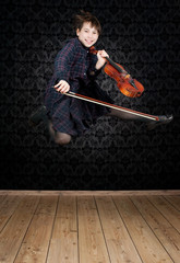 girl with violin jumping