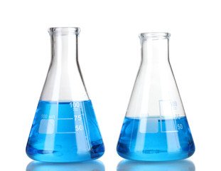 Test-tubes with blue liquid isolated on white