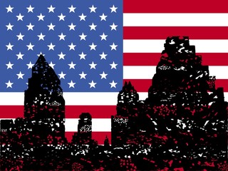 Fototapeta na wymiar Grunge Austin skyline with American flag illustration