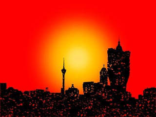 Naklejka premium Grunge Macau skyline with abstract sunset illustration
