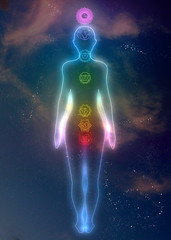System of human chakras on  abstract space background - obrazy, fototapety, plakaty