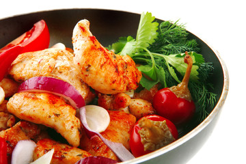 chicken slices on black pan