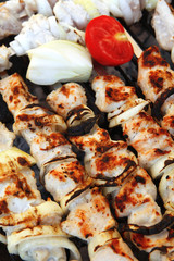 chicken shish kebab cooked on barbecue