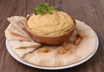 plate of hummus and bread