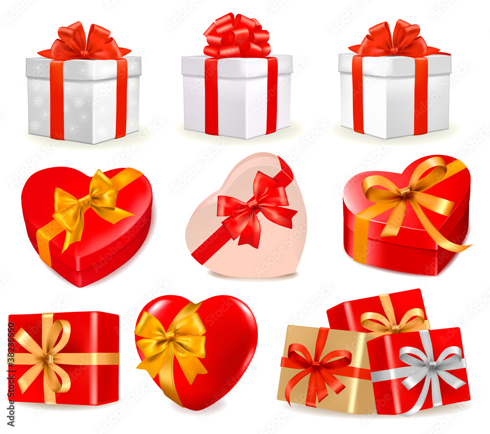 Poster set of vector gift boxes with bows and ribbons.