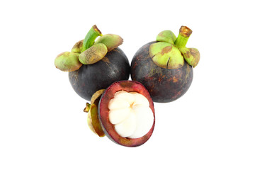 Half opened mangosteen and two whole on white background.