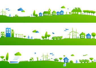 Green city banner, town landscape border, ecology background