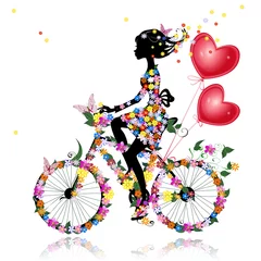 Photo sur Plexiglas Femme fleurs Vélo de fille de fleur avec des valentines d& 39 air