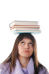 Female student with books on white background