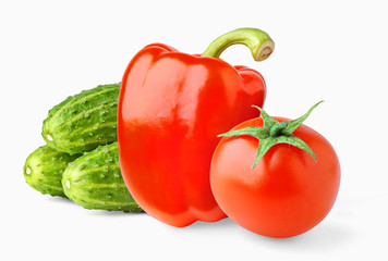 Isolated vegetables. Cucumbers, bell pepper and tomato (fresh salad ingredients) on white background