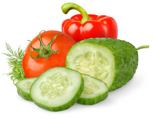 Isolated vegetables. Fresh Tomato, cut cucumber and red bell pepper isolated on white background